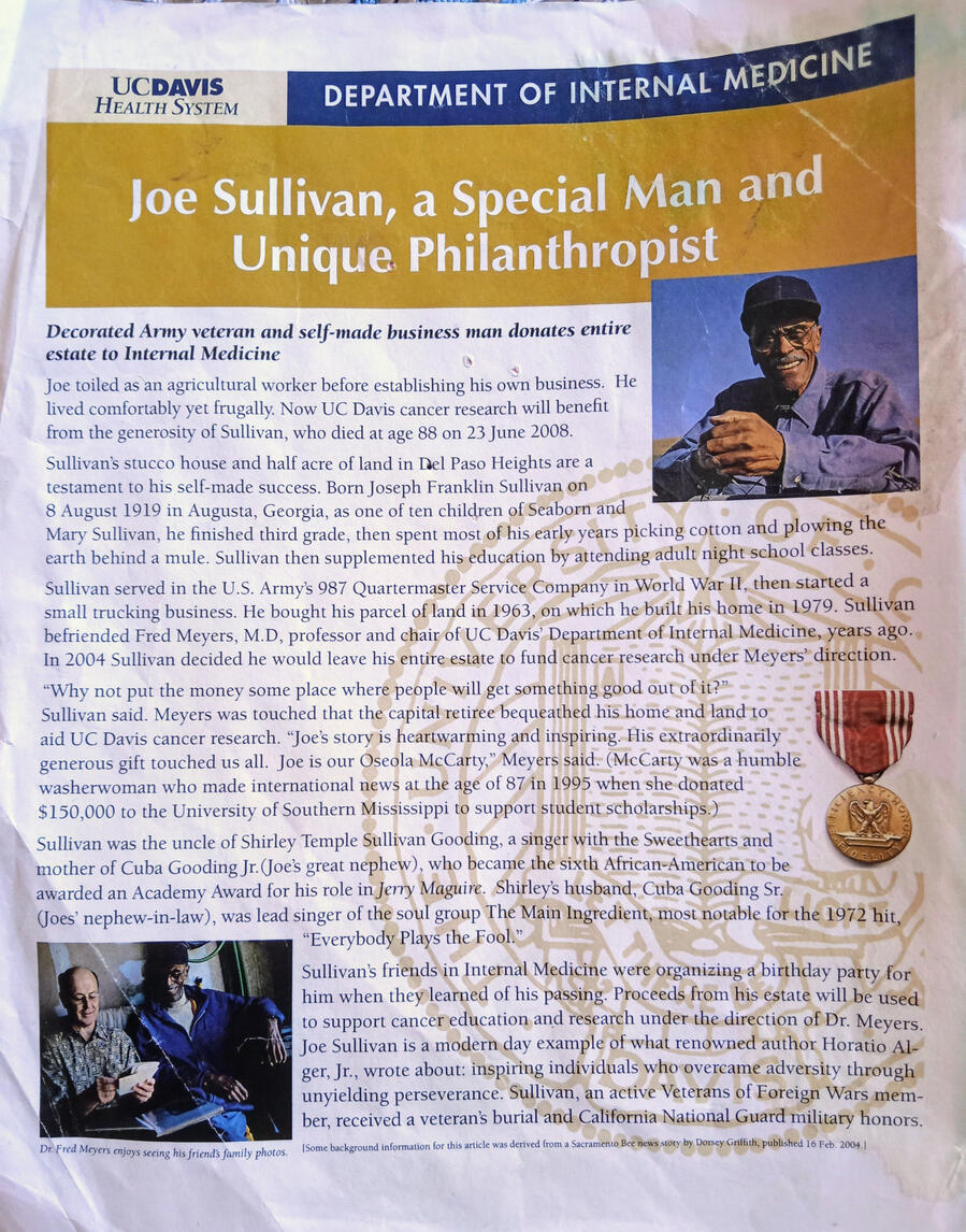 It was a privilege to serve as the chief development officer for the department of internal medicine at the UC Davis medical Center in Sacramento. I worked with Dr Fred Meyers, who is the chair of that department, to befriend a former world war II veteran