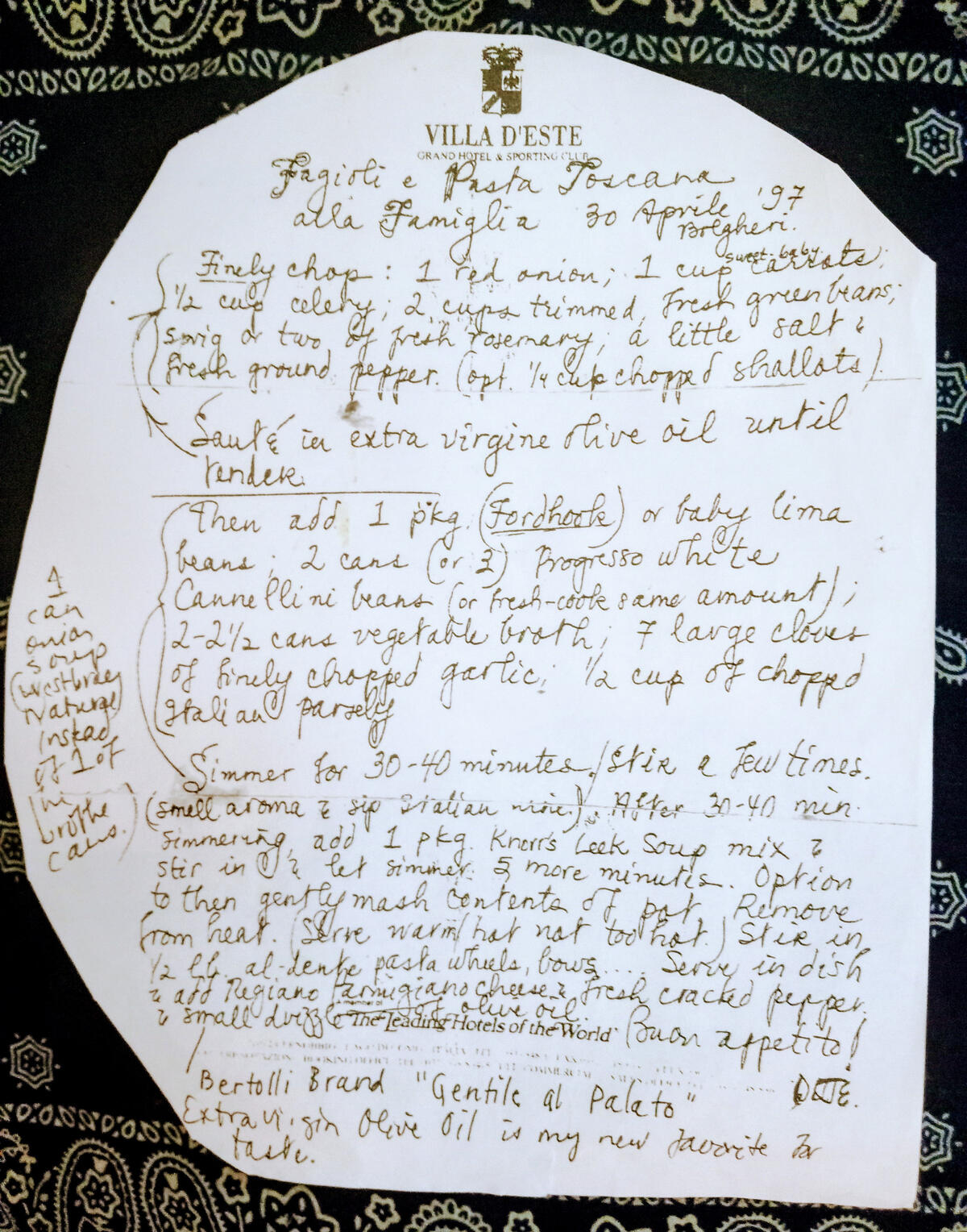 One of my passions in life is cooking and this is a recipe I concocted for Fagioli Tuscan soup written at 🇮🇹 Villa d'Este.