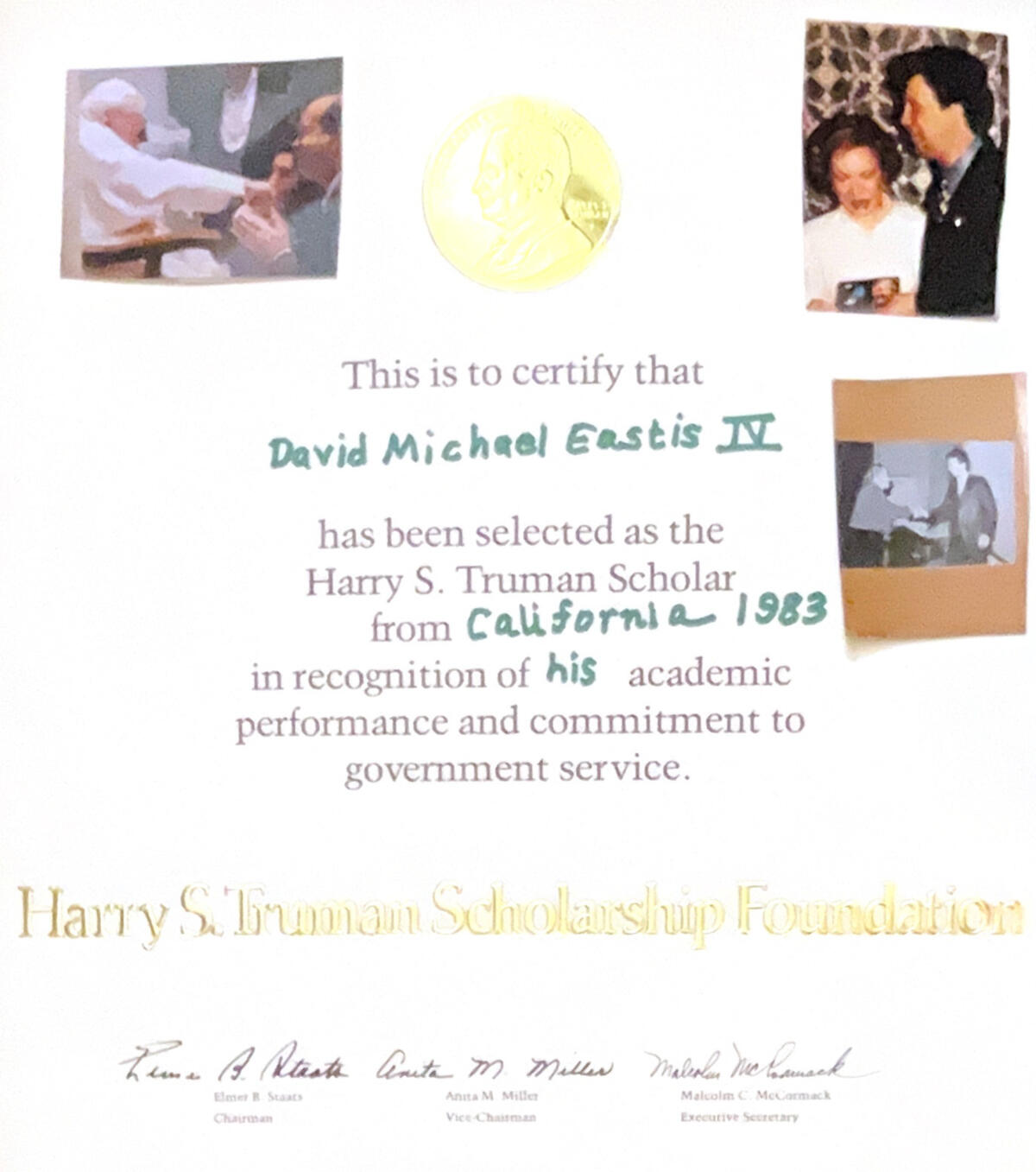 Harry S. Truman Scholarship Foundation Honoree David Michael Eastis IV in 1983