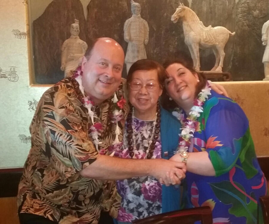 Special times with our long time friend Edna Lau. We first met Edna when she was a waitress at WoFat's in downtown Honolulu Hawaii. For years, she sent us chocolate covered macadamia nuts and Hawaiian flowers. She visited us with her husband at our home i