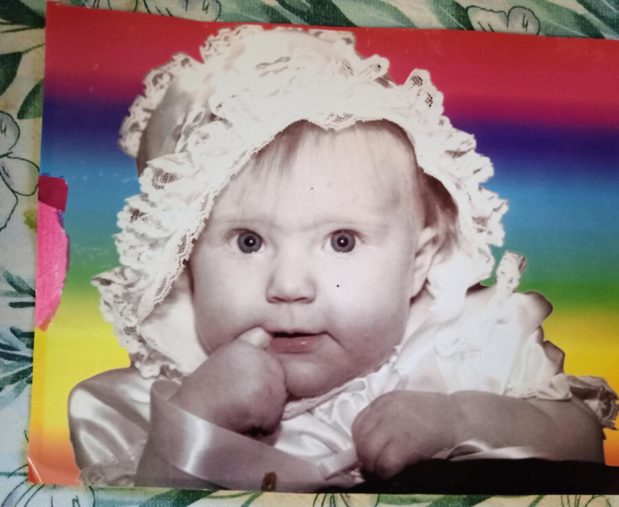 I took a black and white photograph of Sassicai when she was baptized in Almaden valley. There was a beautiful rainbow over the church that day and so I colorized the photograph to include the seven colors. Of course the rainbow, in the Bible means that