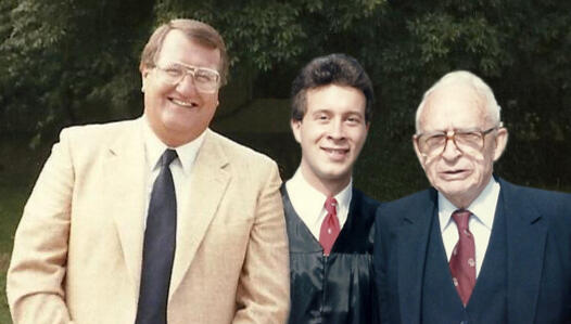Dad and David with Colonel George Sumner Charles Benson, 1st President of Claremont Men's College 1985